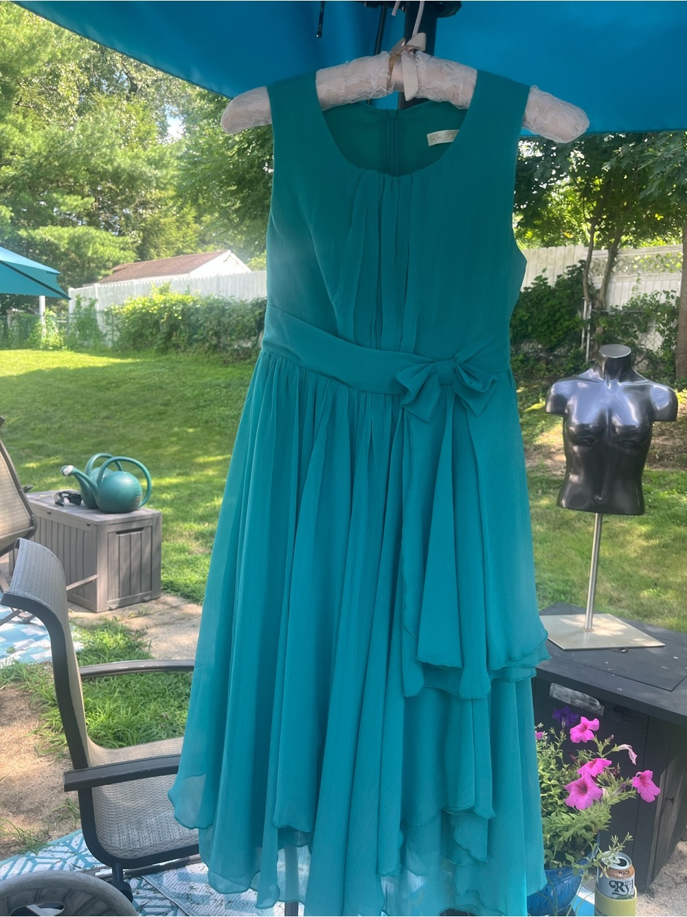 Girls 14 Teal Sleeveless Chiffon Dress with Waist Tie